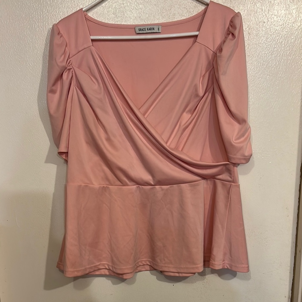 Grace Karin Pink Wrap Peplum Blouse 3/4 Sleeve